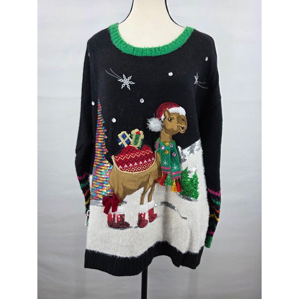 United States Sweaters Womens 1X Christmas Camel Sequin Ugly Holiday Sweater